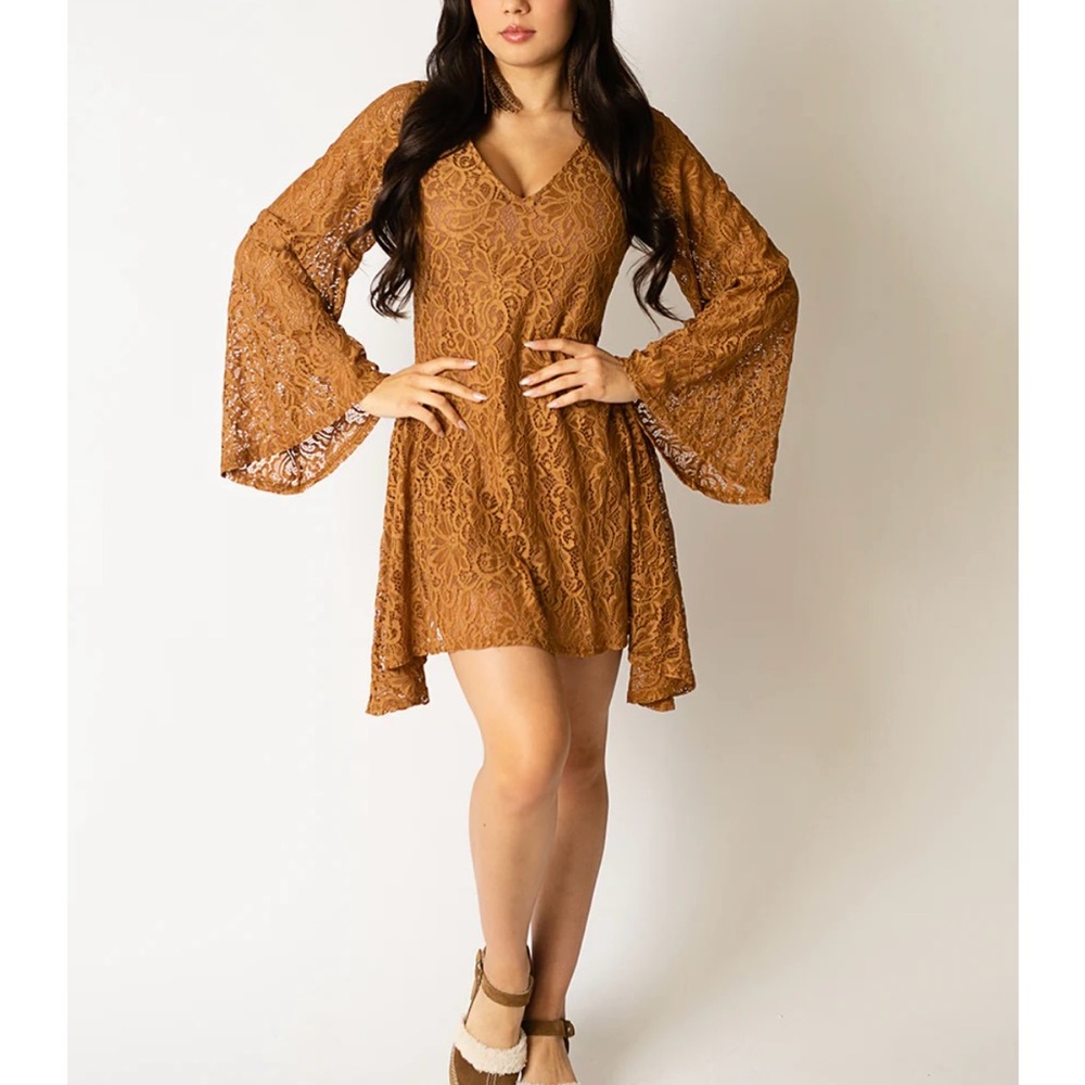 Brown Lace Bell Sleeve Dress
